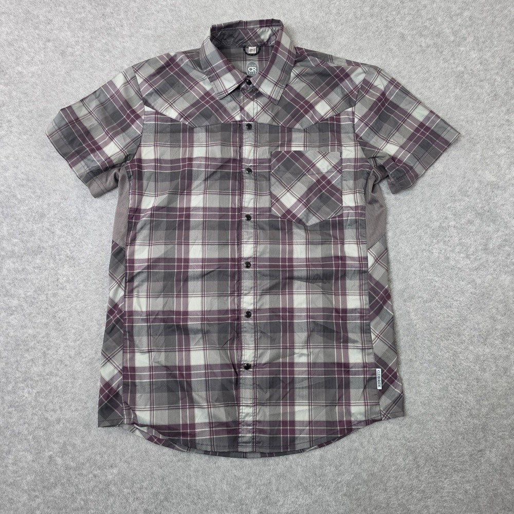Club Ride Mens Plaid Short Sleeve Cycling Shirt Western Snap Purple Gray Small